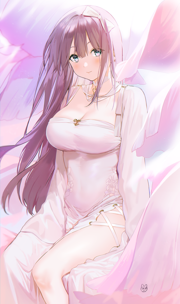 Anime picture 1500x2523 with original mery (yangmalgage) single long hair tall image looking at viewer blush fringe breasts smile hair between eyes brown hair large breasts sitting signed cleavage long sleeves aqua eyes hands in sleeves asymmetrical clothes