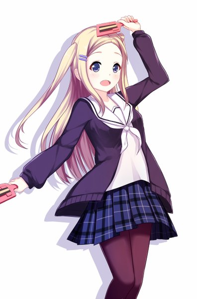 Anime picture 845x1280 with hanayamata madhouse hana n. fontainestand itachi kanade single long hair tall image looking at viewer open mouth blue eyes simple background blonde hair white background girl skirt uniform school uniform naruko (instrument)