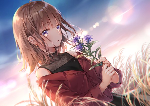 Anime picture 1500x1062 with original higeneko single looking at viewer blush fringe short hair brown hair standing purple eyes bare shoulders holding sky upper body outdoors blunt bangs long sleeves parted lips off shoulder dutch angle