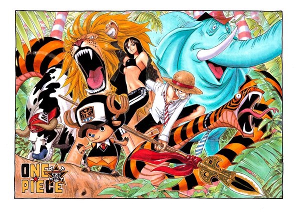 Anime picture 1961x1387 with one piece toei animation monkey d. luffy nico robin tony tony chopper oda eiichirou long hair looking at viewer fringe highres short hair breasts light erotic black hair smile standing bare shoulders holding looking away full body