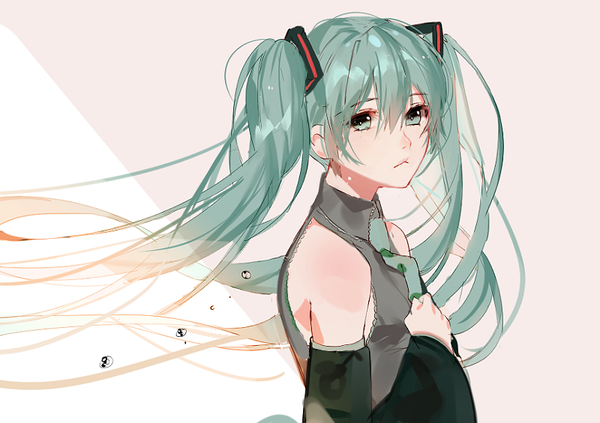 Anime picture 800x565 with vocaloid hatsune miku naru (ul) single long hair looking at viewer fringe simple background hair between eyes twintails bare shoulders upper body aqua eyes wind aqua hair shadow tears girl detached sleeves
