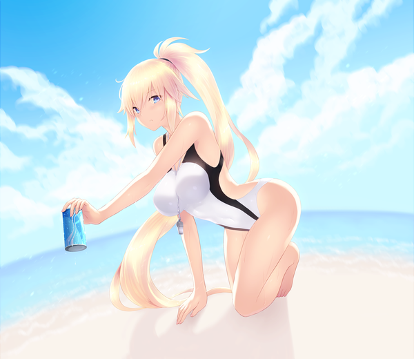Anime picture 5906x5118 with fate (series) fate/grand order jeanne d'arc (fate) (all) jeanne d'arc (swimsuit archer) cait single looking at viewer fringe highres breasts blue eyes light erotic blonde hair hair between eyes large breasts holding absurdres sky cloud (clouds) full body