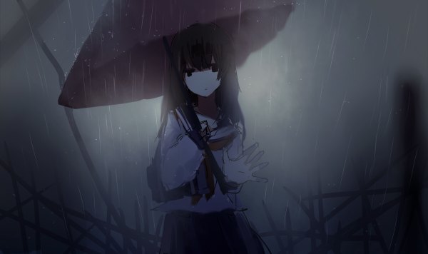 イラスト 1200x712 と オリジナル prophet chu ソロ 長髪 カメラ目線 開いた口 黒髪 wide image holding black eyes :o rain 女の子 スカート 制服 リボン 学生服 シャツ 傘