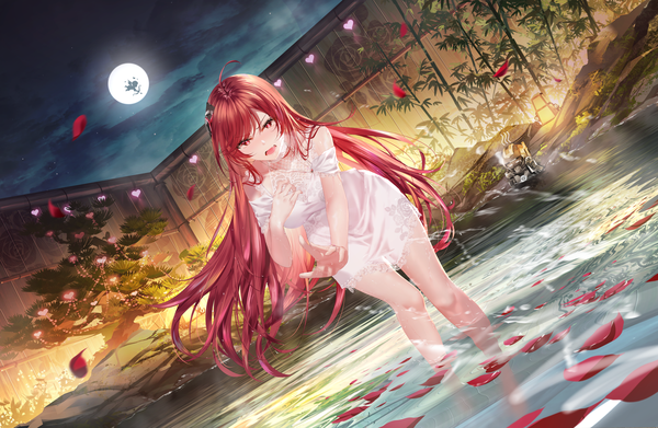 Anime picture 5602x3650 with original junpaku karen single long hair looking at viewer fringe highres open mouth hair between eyes red eyes standing absurdres ahoge outdoors red hair night wet fang (fangs) leaning dutch angle