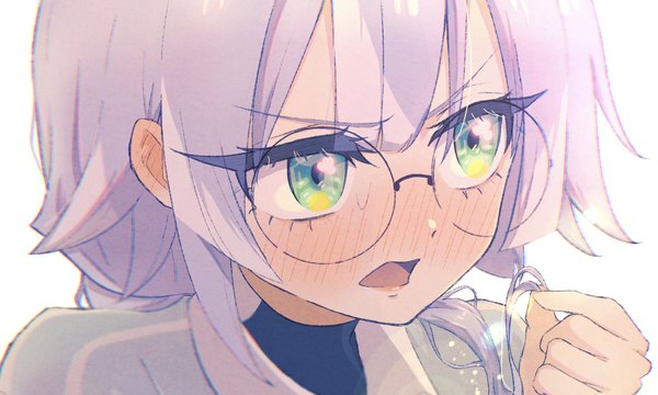 Anime picture 1800x1080 with kimi no koto ga dai dai dai dai daisuki na 100-nin no kanojo hifumi suu kwi single long hair blush highres open mouth simple background wide image white background green eyes looking away silver hair upper body embarrassed face playing with hair girl glasses
