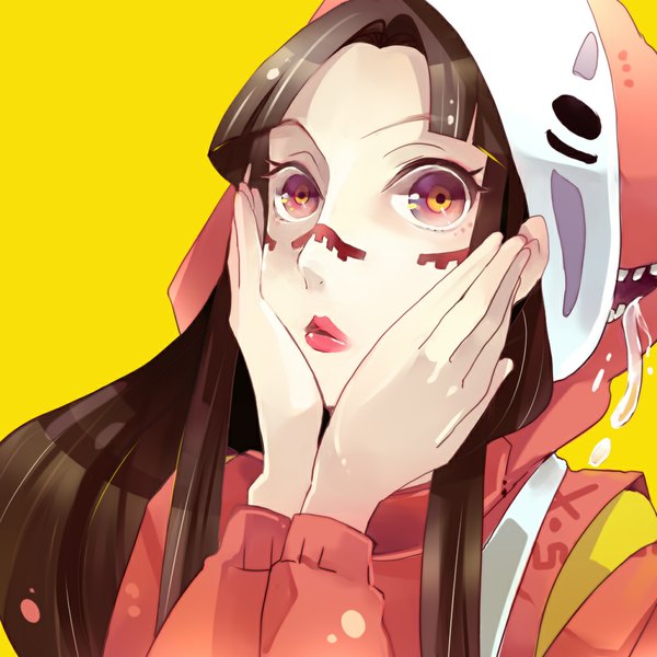 Anime picture 1024x1024 with spirited away vocaloid studio ghibli matryoshka (vocaloid) lin (spirited away) musou yuchi long hair brown hair purple eyes lips yellow background multicolored eyes face paint parody girl tongue hood