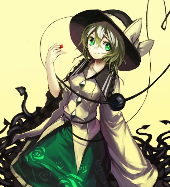Anime picture 1000x1100 with touhou komeiji koishi spark621 single tall image looking at viewer simple background smile green eyes long sleeves wide sleeves yellow background heart of string girl skirt hat food heart berry (berries) hat ribbon
