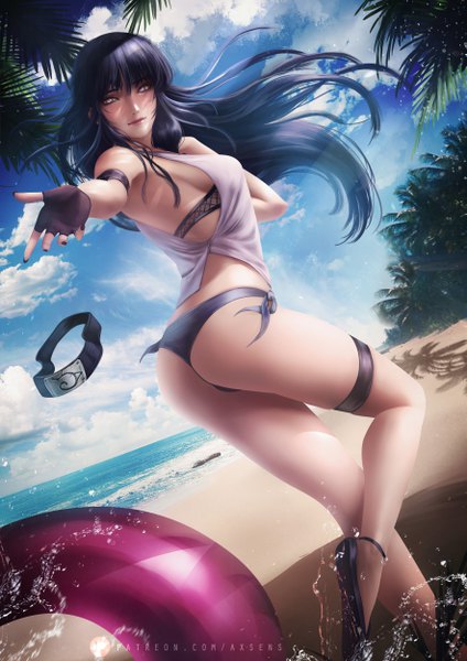 Anime picture 3532x5000 with naruto studio pierrot naruto (series) hyuuga hinata axsen single long hair tall image fringe highres light erotic black hair hair between eyes standing signed absurdres sky cloud (clouds) ass blunt bangs