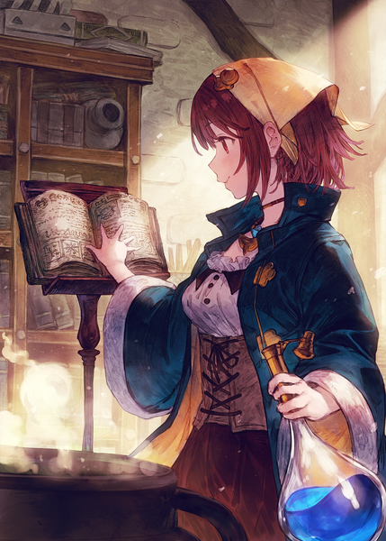 Anime picture 1072x1500 with atelier (series) atelier sophie gust (company) sophie neuenmuller benitama single tall image blush short hair breasts smile brown hair standing holding indoors profile sunlight wide sleeves underbust reading