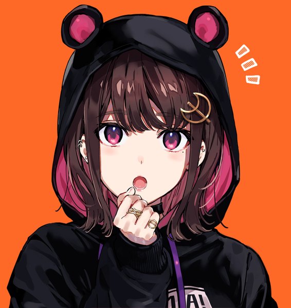 Anime picture 1000x1060 with original arisaka ako single tall image looking at viewer blush fringe short hair open mouth simple background brown hair payot upper body blunt bangs long sleeves pink eyes multicolored hair mole two-tone hair :o