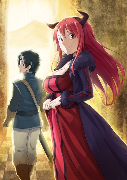 Anime picture 707x1000 with maoyuu maou yuusha arms corporation maou (maoyuu) yuusha (maoyuu) mofu long hair tall image looking at viewer short hair breasts black hair smile red eyes large breasts cleavage red hair horn (horns) girl dress boy