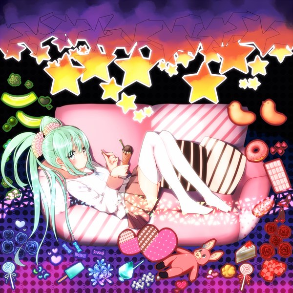 Anime picture 1200x1200 with vocaloid lol -lots of laugh- (vocaloid) hatsune miku pokachu long hair blush blue eyes twintails green hair loli girl thighhighs skirt miniskirt white thighhighs food sweets pillow star (symbol) couch