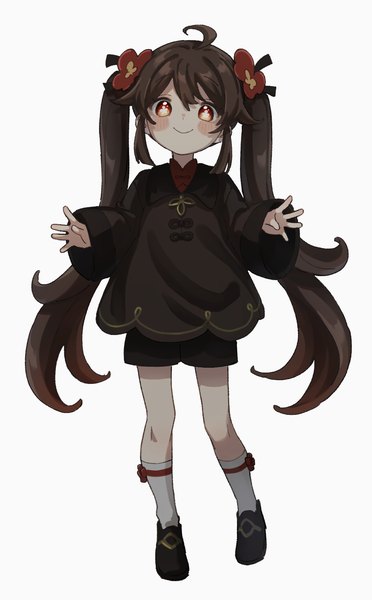 Anime picture 1011x1630 with genshin impact hu tao (genshin impact) nanami kawa single tall image looking at viewer blush fringe simple background smile hair between eyes red eyes brown hair standing white background twintails payot full body ahoge long sleeves
