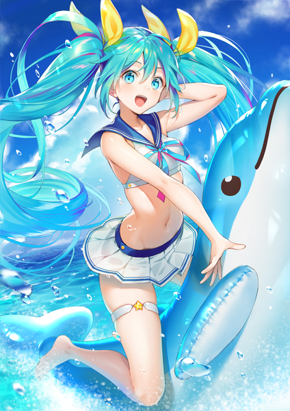 Anime picture 827x1169 with hatsune miku graphy collection vocaloid hatsune miku tokki single tall image looking at viewer blush fringe open mouth hair between eyes twintails sky cloud (clouds) full body bent knee (knees) outdoors very long hair :d barefoot