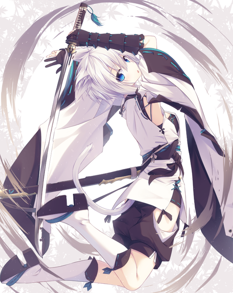 Anime picture 648x815 with original nagishiro mito single tall image looking at viewer blush fringe short hair blue eyes holding animal ears bent knee (knees) white hair tail long sleeves traditional clothes head tilt japanese clothes animal tail cat ears