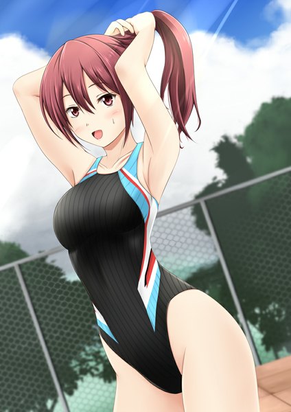 Anime picture 800x1131 with free! kyoto animation matsuoka gou fuuma nagi single long hair tall image looking at viewer blush open mouth light erotic brown hair brown eyes ponytail armpit (armpits) girl swimsuit