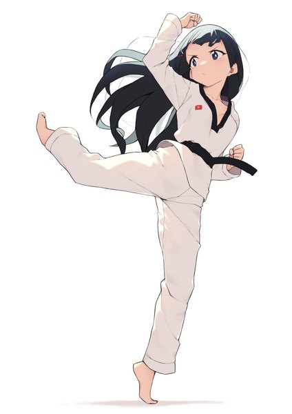 Anime picture 2480x3508 with original cloba single long hair tall image highres black hair simple background standing white background looking away full body long sleeves barefoot black eyes standing on one leg fighting stance serious girl pants