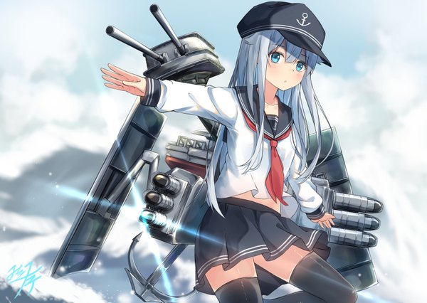 Anime picture 1529x1087 with kantai collection hibiki destroyer miko fly single long hair looking at viewer blush fringe blue eyes hair between eyes standing signed sky silver hair cloud (clouds) outdoors long sleeves parted lips pleated skirt outstretched arm