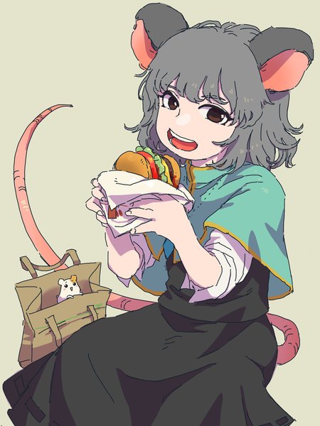 Anime picture 1536x2048 with oruchuban ebichu touhou nazrin ebichu ananna single tall image looking at viewer short hair open mouth simple background holding brown eyes animal ears tail animal tail grey hair black eyes short sleeves mouse ears