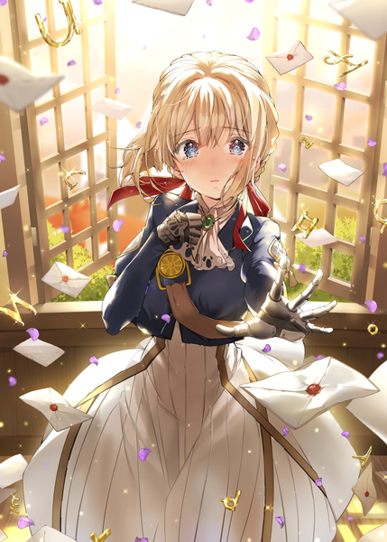 Anime picture 800x1119 with violet evergarden kyoto animation violet evergarden (character) h shai single tall image looking at viewer blush fringe short hair blue eyes blonde hair payot from above wind sparkle tears outstretched hand mechanical arms girl