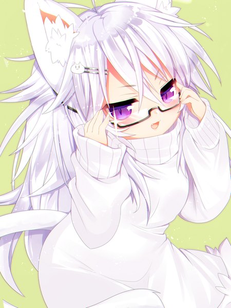 Anime picture 700x933 with original shiro (mofuaki) mofuaki single long hair tall image looking at viewer blush fringe open mouth simple background smile hair between eyes standing sitting purple eyes animal ears silver hair tail :d