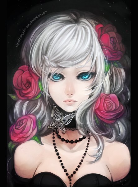 Anime picture 1000x1349 with zenithomocha single long hair tall image looking at viewer blue eyes bare shoulders silver hair hair flower aqua eyes grey hair wavy hair framed girl hair ornament flower (flowers) choker rose (roses) insect butterfly