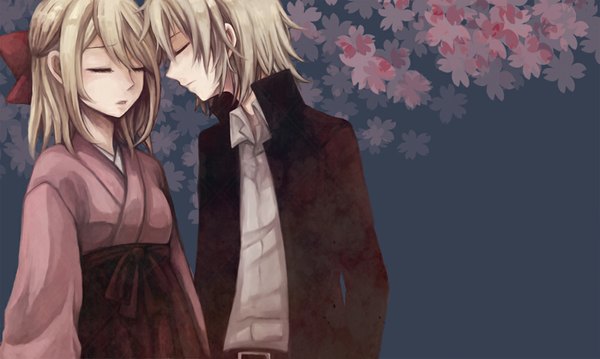 Anime picture 1024x614 with vocaloid kagamine rin kagamine len mare (artist) short hair blonde hair wide image eyes closed traditional clothes japanese clothes open collar girl boy uniform hair ornament bow hair bow school uniform leaf (leaves) suit