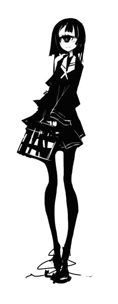 Anime picture 583x1500 with original kiku (kicdoc) single tall image looking at viewer short hair black hair simple background white background black eyes monochrome girl skirt uniform school uniform miniskirt pantyhose serafuku shoes bag