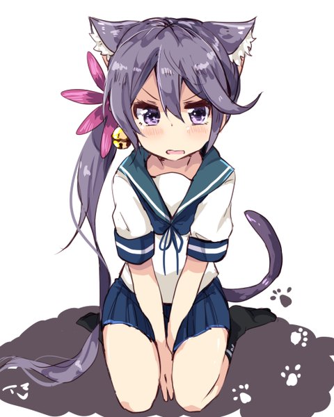 Anime picture 1024x1280 with kantai collection akebono destroyer amano kouki single long hair tall image looking at viewer blush fringe open mouth simple background hair between eyes white background sitting purple eyes animal ears purple hair full body tail animal tail