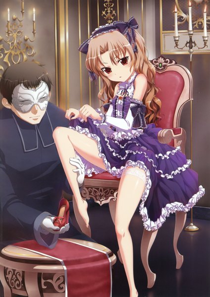 Anime picture 2469x3497 with original 19 long hair tall image highres light erotic red eyes brown hair bare shoulders loli girl dress boy bow hair bow shoes mask chair