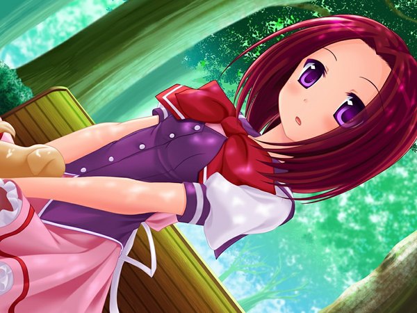 Anime picture 1024x768 with hara kano!! fujino ren fumizuki yukari short hair purple eyes game cg red hair girl