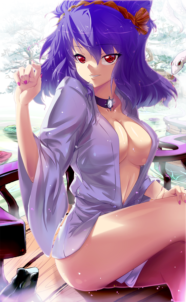 Anime-Bild 1000x1618 mit touhou yasaka kanako initial f single tall image short hair breasts light erotic red eyes large breasts purple hair open clothes open shirt girl choker snake