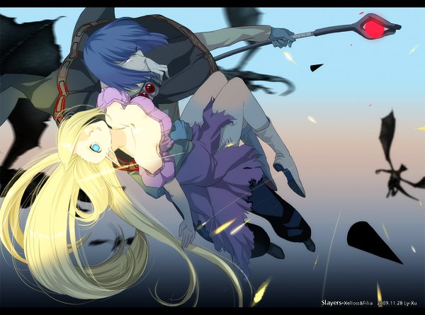Anime picture 1200x891 with slayers j.c. staff xelloss filia ul copt ly-xu long hair fringe short hair blue eyes blonde hair purple eyes signed blue hair bent knee (knees) wind pointy ears hair over one eye hug torn clothes turning head