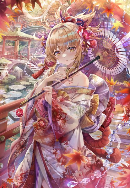Anime picture 1200x1740 with genshin impact yoimiya (genshin impact) torino aqua single tall image looking at viewer blush fringe short hair open mouth blonde hair hair between eyes standing bare shoulders holding yellow eyes outdoors nail polish traditional clothes japanese clothes