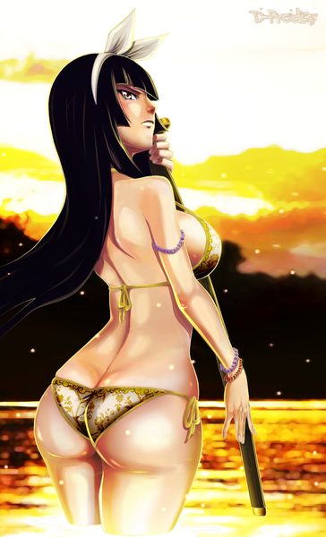 Anime picture 2106x3467 with fairy tail mikazuchi kagura d-prodi3y single long hair tall image highres light erotic black hair sky cloud (clouds) ass pink eyes looking back sunlight coloring girl bow weapon swimsuit