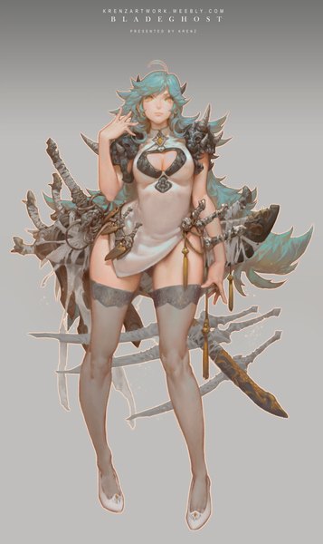 Anime picture 685x1149 with original krenz single long hair tall image looking at viewer breasts light erotic simple background standing yellow eyes blue hair horn (horns) grey background girl thighhighs dress weapon white dress armor