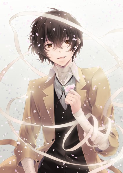 Anime picture 800x1130 with bungou stray dogs studio bones dazai osamu (bungou stray dogs) uduki eri single tall image looking at viewer fringe short hair open mouth hair between eyes brown hair holding brown eyes upper body ahoge light smile open collar boy flower (flowers)