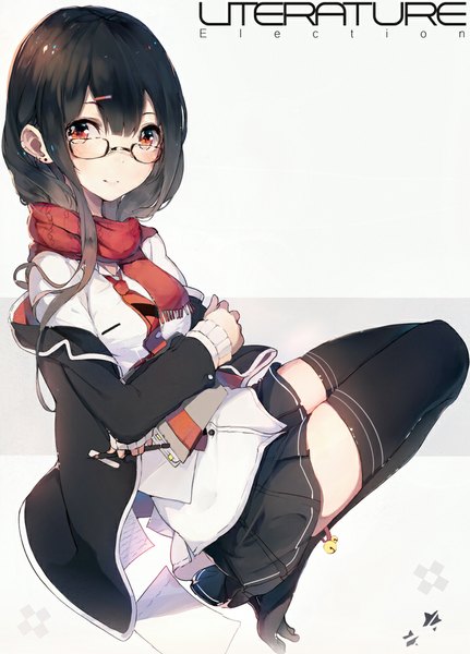 Anime picture 718x1000 with original hadean92 single long hair tall image looking at viewer blush fringe black hair smile red eyes holding bent knee (knees) pleated skirt no shoes text squat english girl thighhighs