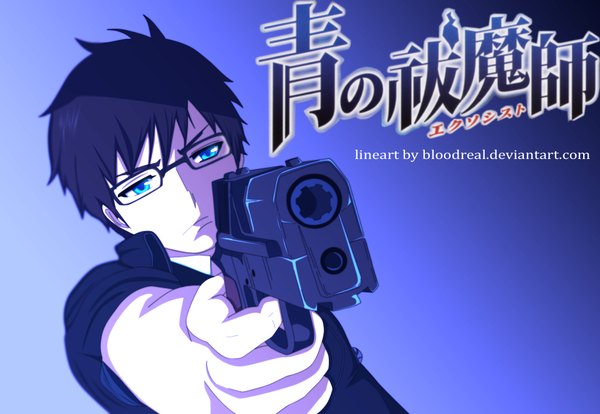 Anime picture 2000x1380 with ao no exorcist a-1 pictures okumura yukio advance996 single highres short hair blue eyes black hair inscription coloring light blue background boy glasses gun pistol