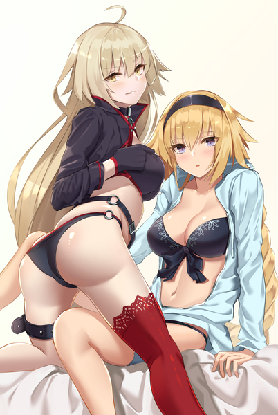 Anime picture 1200x1790 with fate (series) fate/grand order jeanne d'arc (fate) (all) jeanne d'arc alter (fate) jeanne d'arc alter (swimsuit berserker) (fate) jeanne d'arc (swimsuit archer) basil (st 1) tall image looking at viewer blush fringe breasts open mouth light erotic simple background blonde hair hair between eyes large breasts sitting multiple girls