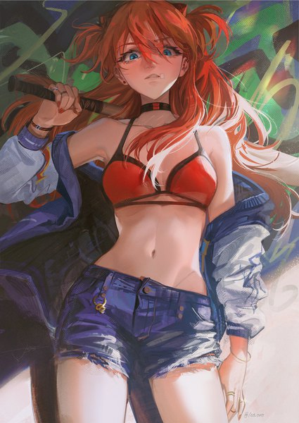 Anime picture 1913x2699 with neon genesis evangelion gainax soryu asuka langley jie deng single long hair tall image looking at viewer blush fringe highres breasts blue eyes light erotic hair between eyes standing holding signed nail polish parted lips