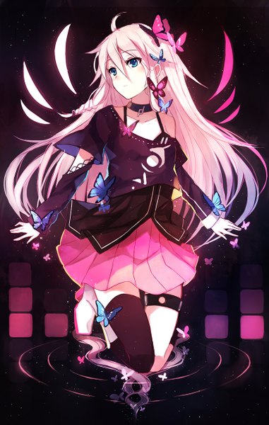 Anime picture 770x1211 with vocaloid ia (vocaloid) bai kongque (shirokujaku) single long hair tall image blush blue eyes looking away pink hair braid (braids) twin braids kneeling dark background butterfly on hand girl thighhighs dress hair ornament choker