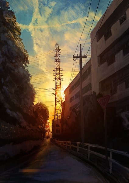 Anime picture 2000x2830 with original akio-bako tall image highres sky evening sunset no people landscape plant (plants) tree (trees) building (buildings) fence railing power lines road traffic sign
