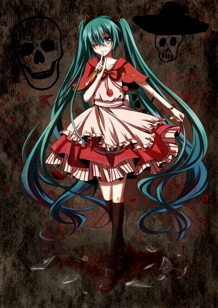 Anime picture 1700x2400 with vocaloid everlasting night (vocaloid) hatsune miku wing yin sin single tall image twintails very long hair one eye closed aqua eyes wink aqua hair finger to mouth girl dress petals socks black socks