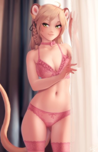 Anime picture 1286x2000 with original personal ami single long hair tall image looking at viewer blush fringe breasts light erotic blonde hair large breasts standing green eyes signed animal ears ahoge indoors tail braid (braids)
