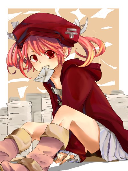 Anime picture 1200x1600 with original kuronyanko single tall image looking at viewer blush short hair red eyes sitting twintails pink hair border short twintails girl hat boots envelope