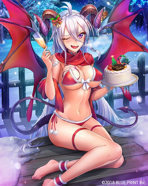Anime picture 800x1000 with lost crusade square enix asmodeus (lost crusade) morichika shuuto single tall image looking at viewer blush fringe breasts open mouth light erotic smile hair between eyes large breasts sitting purple eyes holding payot cleavage