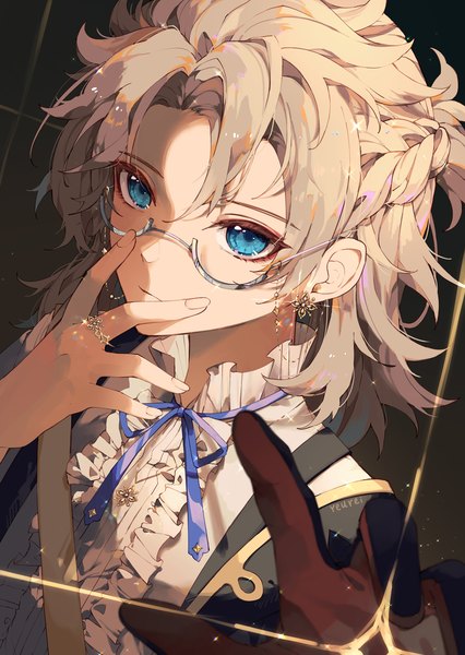 Anime picture 1064x1500 with genshin impact albedo (genshin impact) yeurei single tall image short hair blue eyes blonde hair looking away upper body half updo adjusting glasses bespectacled boy earrings glasses pendant ring single glove
