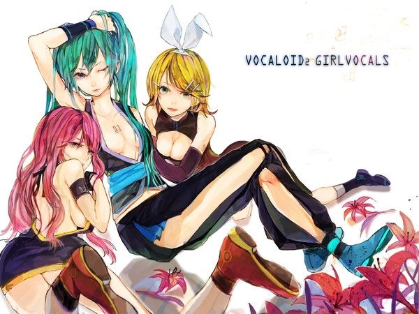 Anime picture 2000x1500 with vocaloid hatsune miku megurine luka kagamine rin sono (pixiv) long hair highres short hair breasts blue eyes light erotic blonde hair sitting twintails bare shoulders multiple girls green eyes pink hair ass one eye closed