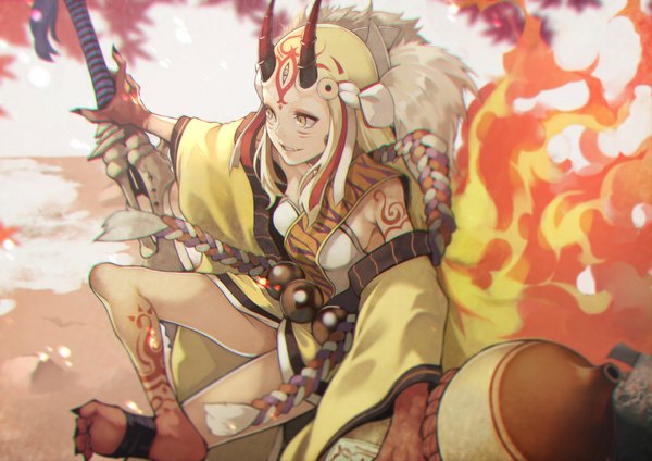 Anime picture 1500x1060 with fate (series) fate/grand order ibaraki douji (fate) yoshio (55level) single long hair blonde hair sitting yellow eyes looking away traditional clothes japanese clothes horn (horns) from above tattoo oni horns oni girl weapon fire